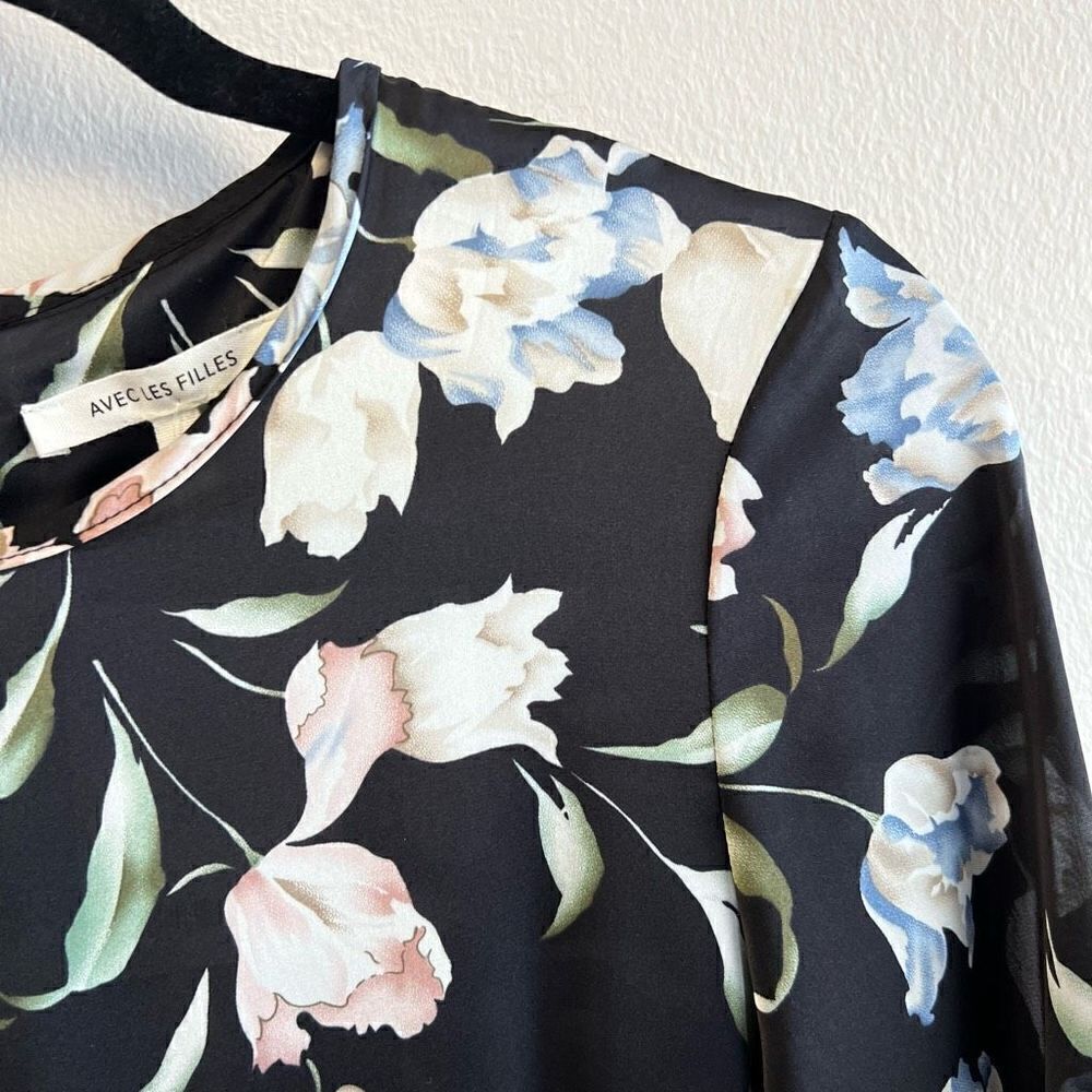 NWT Avec Les Filles Black Floral Print Ruffle A Line Mini Dress Size 6 - Picture 5 of 13